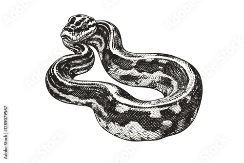 Vintage illustration of hand-drawn python, black sketch effect, wildlife print, old engraving style, trendy reptile art, white background, classic design.