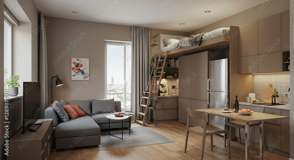Fototapeta premium Interior design showing a modern studio apartment with lofted bed space