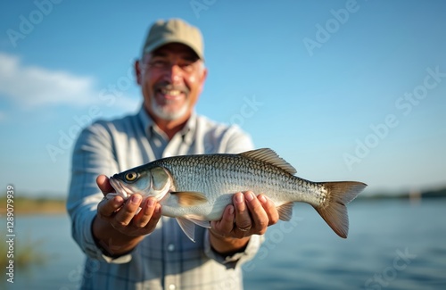 Happy aquaculture farmer holds raw fish close to camera. Healthy mature man smiles, exhibits caught freshwater crucian carp. Successful fishing season, quality angling, organic food production,