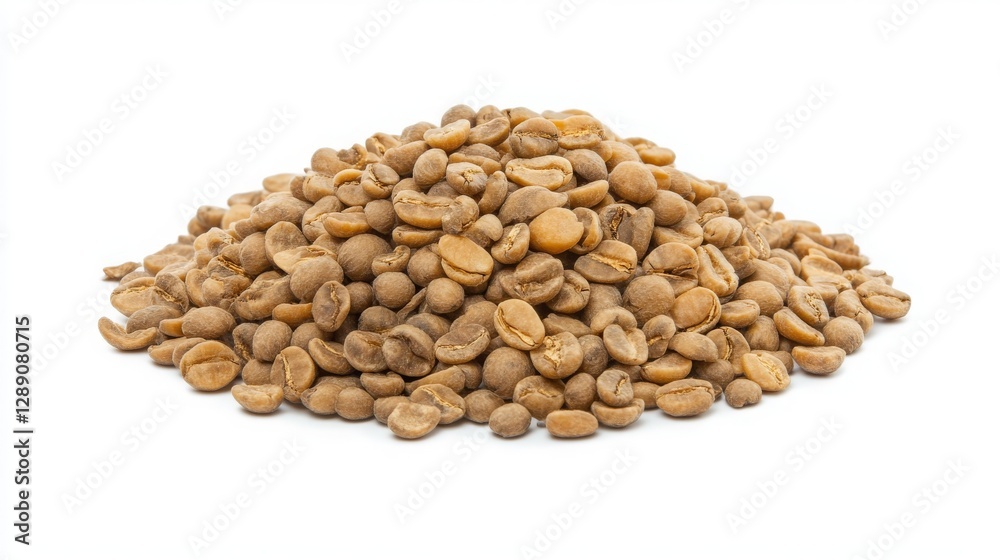 Raw Coffee Beans Piled on White Background in Natural Light Raw Coffee Beans Piled on White Background in Natural Light