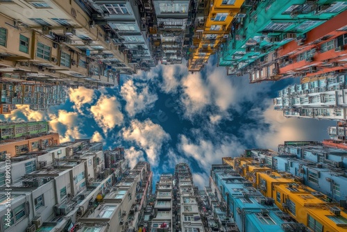 A Unique Worm Eye View of Converging Skyscrapers Reaching Towards the Sky, Showcasing Dramatic Clouds and Urban Depth in an Architectural Masterpiece