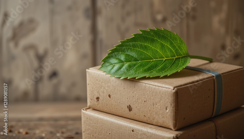Cardboard boxes, stacked, single green leaf on top, minimalist, eco-friendly packaging, neutral tones, sustainability concept, close-up, textured background, organic product, simplicity, natural mater