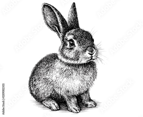 Vintage wildlife illustration, hand-drawn rabbit art, black sketch effect, trendy animal art, wall decor, classic engraving style, white background, nature decor, artistic print.