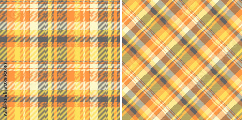 Texture tartan pattern of seamless plaid textile with a vector background fabric check. Set in happy colors. Pillow arrangement on bed.