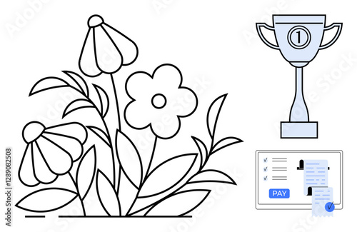 Flowers blooming alongside a trophy and a tablet screen displaying a completed payment form. Ideal for themes success, growth, achievement, online payments, financial transaction, digital progress