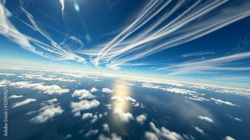 Stunning aerial view of clouds with trails over the ocean during bright daylight hours