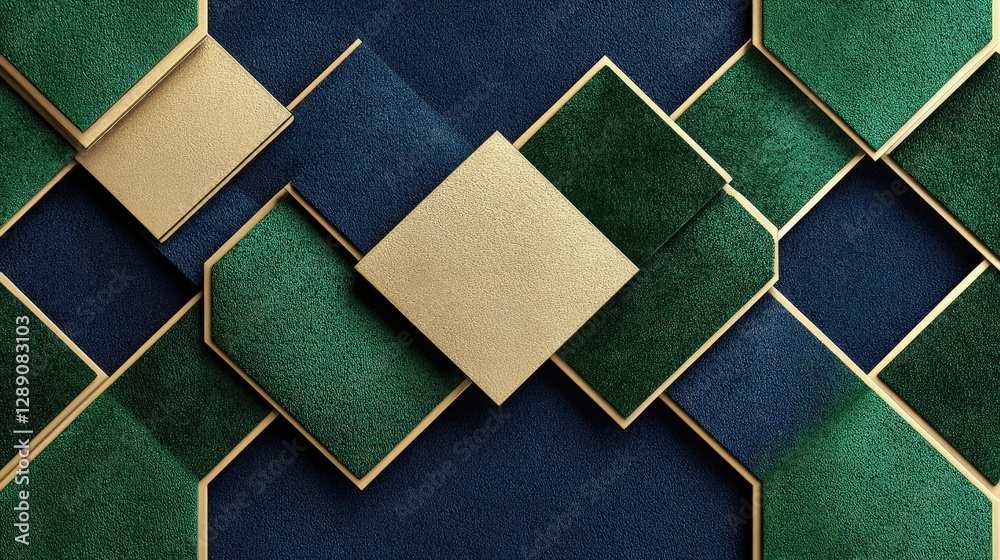 Fototapeta premium Geometric Background with Textured Green and Blue Shapes in Gold