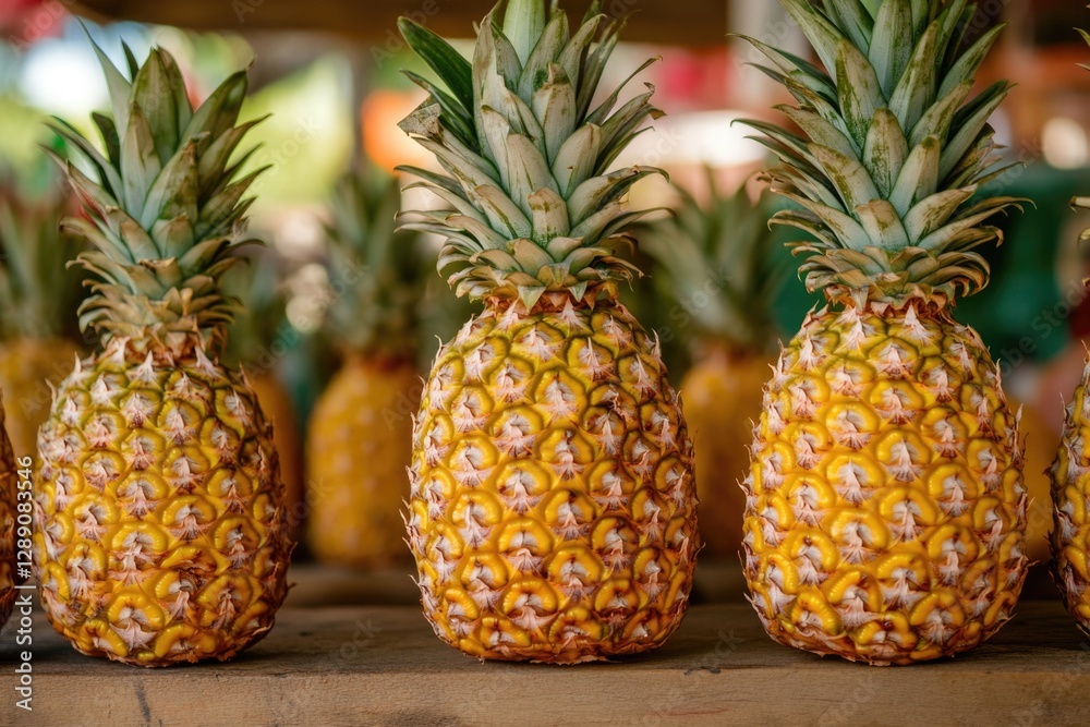 Fresh pineapples arranged on a rustic wooden table, great for food and still life photography Fresh pineapples arranged on a rustic wooden table, great for food and still life photography