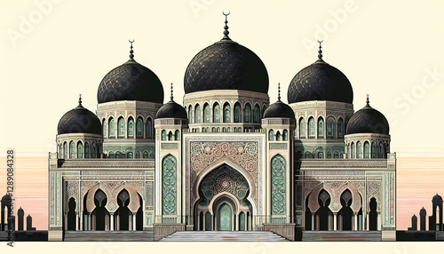 Stunning Architectural Marvel: Majestic Mosque with Intricate Domes and Arches photo