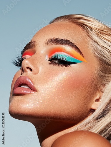 A stunning close-up of a model showcasing vibrant, colorful makeup with bold eye designs, glossy lips, and flawless skin against a soft blue background.