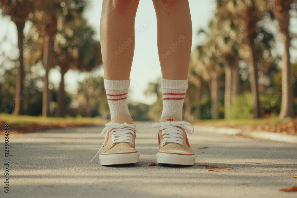 A person is standing on a sidewalk in front of a tree A person is standing on a sidewalk in front of a tree