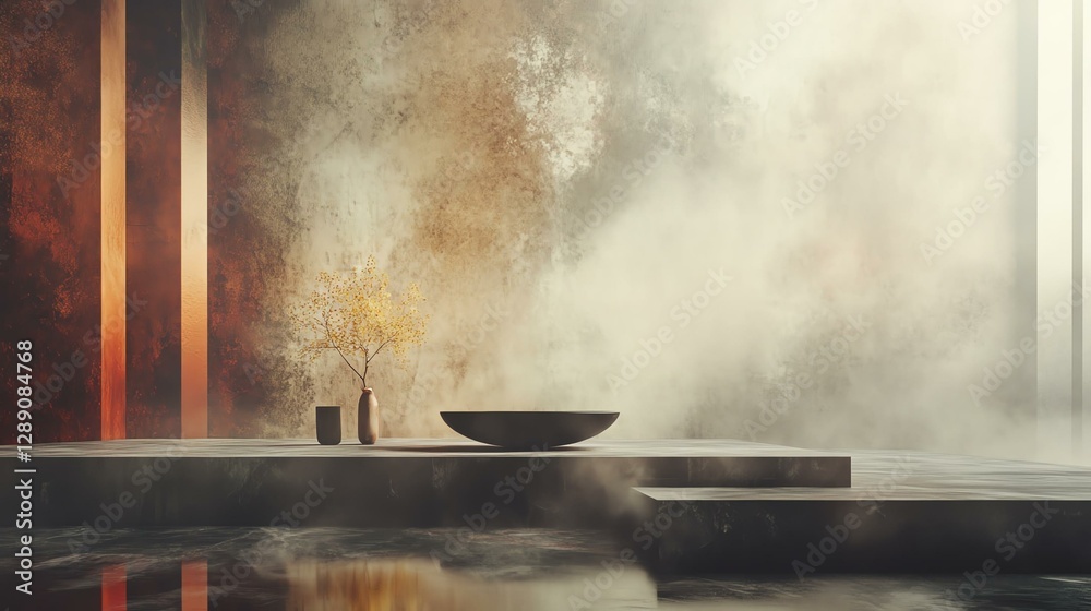 A serene and minimalistic interior space featuring a large basin, soft smoke, and a hint of nature, creating a tranquil atmosphere for relaxation. A serene and minimalistic interior space featuring a large basin, soft smoke, and a hint of nature, creating a tranquil atmosphere for relaxation.