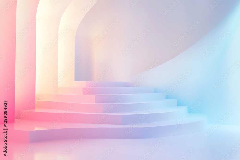 A serene and modern abstract background featuring softly curved stairs illuminated with pastel pink and blue hues, perfect for creative projects. A serene and modern abstract background featuring softly curved stairs illuminated with pastel pink and blue hues, perfect for creative projects.