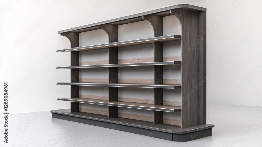 A 3D-rendered product display shelf in the form of an end cap gondola unit A 3D-rendered product display shelf in the form of an end cap gondola unit