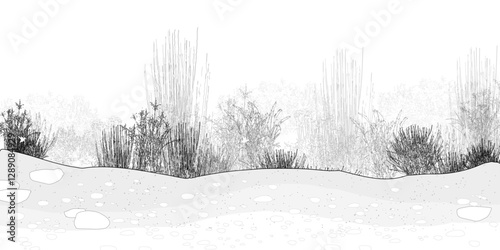 Architectural Drawings, Minimal style cad tree line drawing, Side view, set of section mountian forest outline symbol for landscape design drawing. Vector illustration in stroke fill in white.