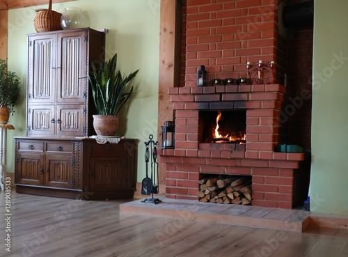 A warm and inviting living room featuring a lit brick fireplace, wooden furniture, and houseplants. Perfect for a rustic and cozy home atmosphere.