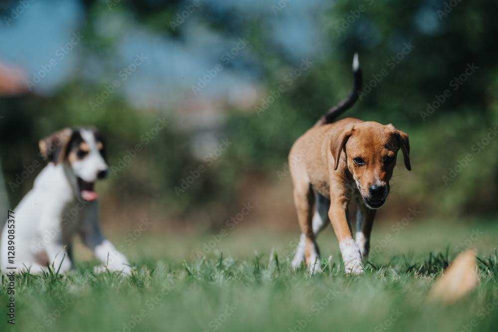 Two adorable puppies playing on a lush green lawn under a bright blue sky. The happy dogs are enjoying the sunny day, showcasing their playful nature. Two adorable puppies playing on a lush green lawn under a bright blue sky. The happy dogs are enjoying the sunny day, showcasing their playful nature.