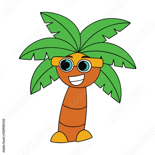 A fun cartoon palm tree with cool sunglasses, a curved trunk, and lively green fronds. It exudes a chill, tropical vibe, perfect for beach or summer-themed designs!
