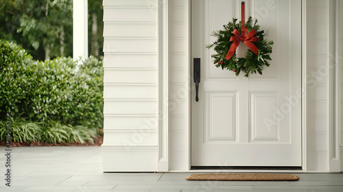 Christmas Wreath on White Front Door
