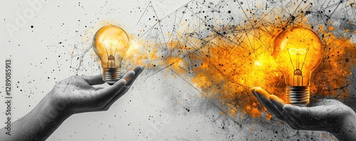 Creative concept of hands holding glowing lightbulbs with abstract background