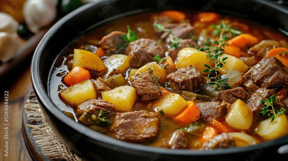 A hearty beef stew simmers in a rich, flavorful broth, filled with tender meat and vegetables, creating the perfect comfort dish. A hearty beef stew simmers in a rich, flavorful broth, filled with tender meat and vegetables, creating the perfect comfort dish.