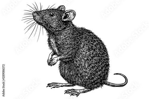 Hand-drawn rat in black sketch effect, vintage animal art, old engraving style, wildlife illustration, trendy wall decor, retro art, white background, nature-inspired decor.