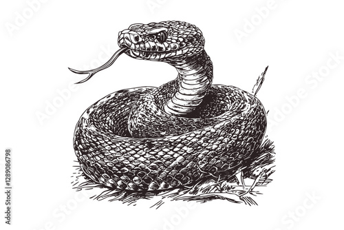 Vintage illustration of a rattlesnake in old engraving style, black sketch effect, trendy design, reptile art, wildlife print, snake art, animal drawing, retro print.
