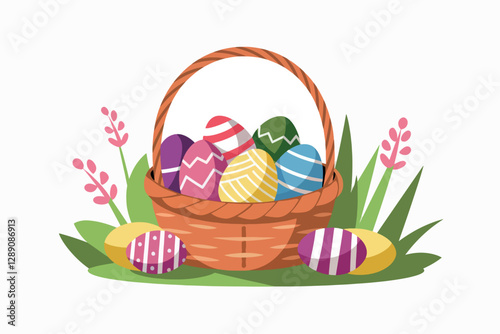 Basket with colorful easter eggs, holiday and celebration concept