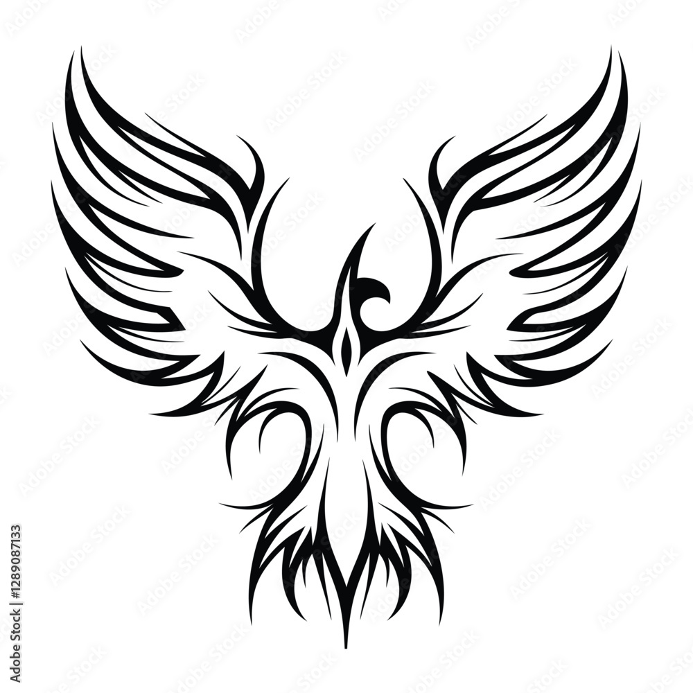 Fototapeta premium Tribal Phoenix Tattoo Design Symbol of Strength and Rebirth. Bold Black Tribal Phoenix Tattoo for Arm, Chest, or Back. Minimalist Phoenix Tattoo in Tribal Style.