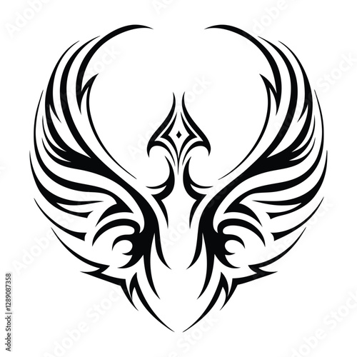 Tribal Phoenix Tattoo Design Symbol of Strength and Rebirth. Bold Black Tribal Phoenix Tattoo for Arm, Chest, or Back. Minimalist Phoenix Tattoo in Tribal Style.