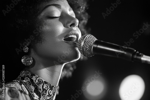 A woman performs live music on a stage with a microphone, a spotlight shines on her