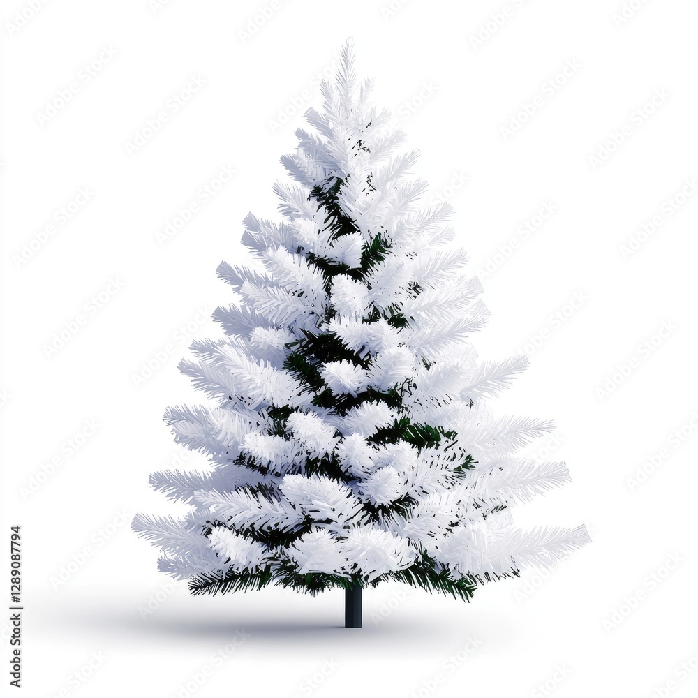 Elegant White Christmas Tree with Snowy Foliage on White Background Elegant White Christmas Tree with Snowy Foliage on White Background