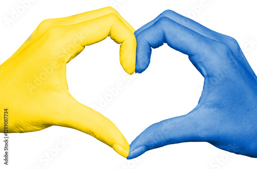 Ukrainian yellow and blue flag on hands forming a heart isolated on transparent or white background, Ukraine war support, png