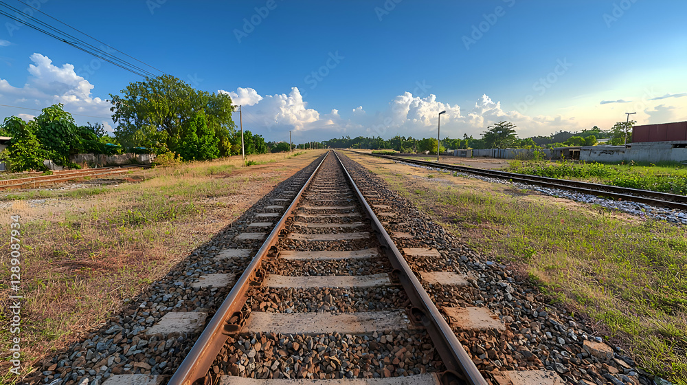 Obraz premium Rural Railroad Tracks Extending to the Horizon Under a Sunny Sky