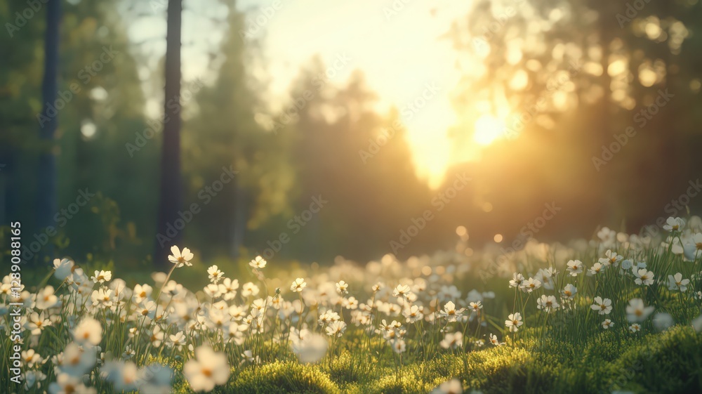 Obraz premium Warm sunset light illuminates a field of white wildflowers in a lush green forest. Soft focus and shallow depth of field create a peaceful