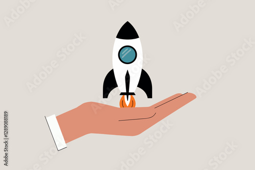 Hand holding a rocket, startup and business concept