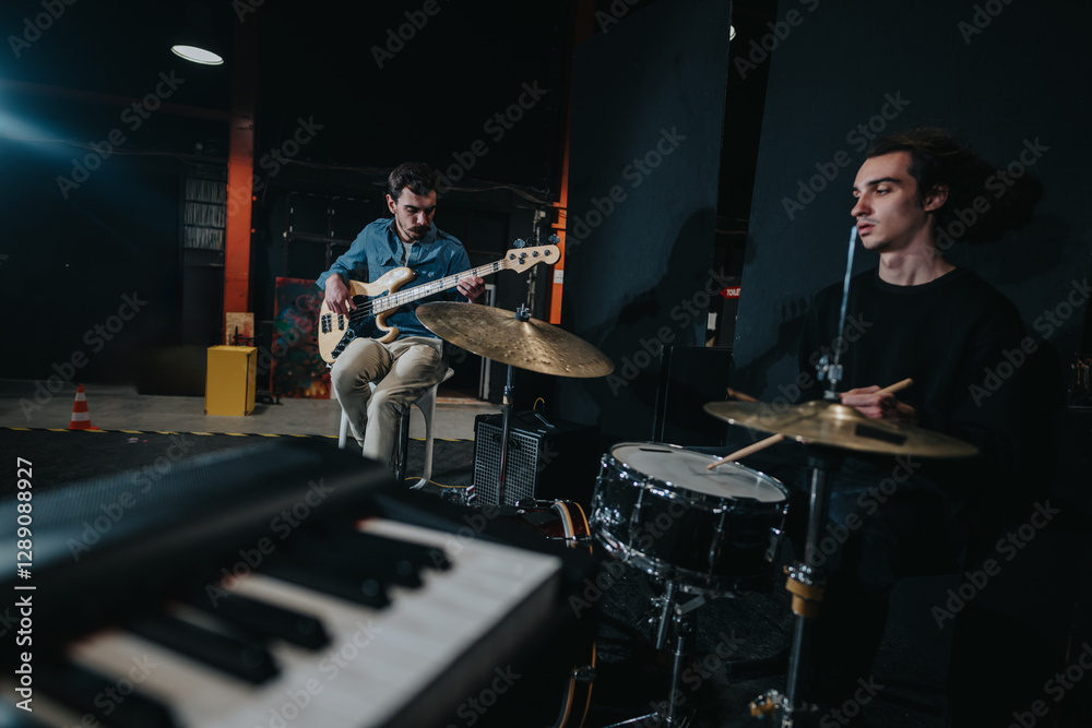 Ταπετσαρία A musical ensemble performing live in a dimly lit studio, featuring a bassist and a drummer