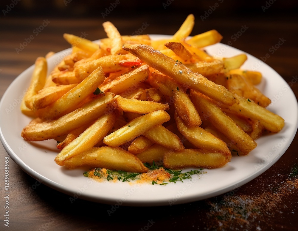 Fotografía de estudio profesional de una elegante plato blanco que contiene patatas fritas crujientes, cuidadosamente sazonadas con deliciosas especias. Las patatas fritas son doradas y crujientes Fotografía de estudio profesional de una elegante plato blanco que contiene patatas fritas crujientes, cuidadosamente sazonadas con deliciosas especias. Las patatas fritas son doradas y crujientes
