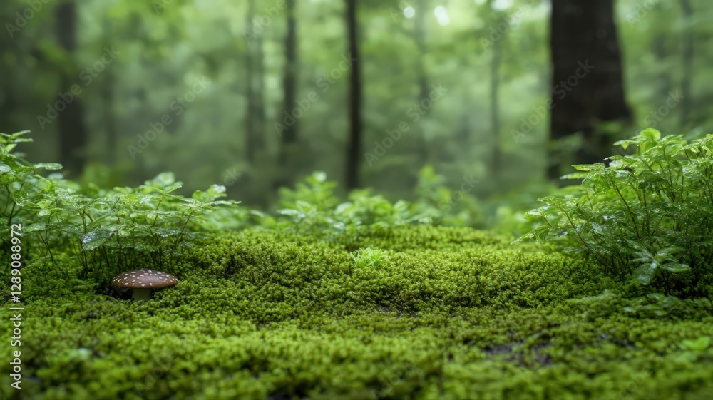 Close-up view of a small mushroom nestled in vibrant green moss, with a lush forest background softly blurred Close-up view of a small mushroom nestled in vibrant green moss, with a lush forest background softly blurred