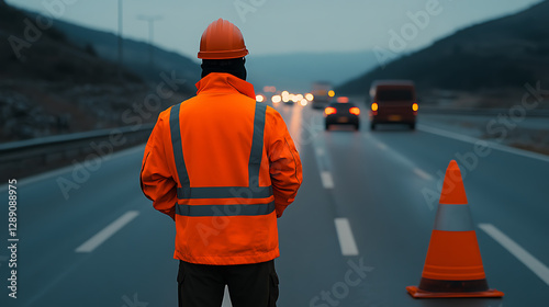 Wallpaper Mural Highway worker facing traffic with safety gear. Dark environment. Maintenance or inspection job in progress with vehicles and construction cone nearby. Torontodigital.ca