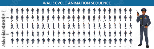 
Police Officer Character Design Model Sheet. Man, Character design. Front, side, back view and explainer animation poses. Character set with lip sync and Walk cycle animation sequences.
