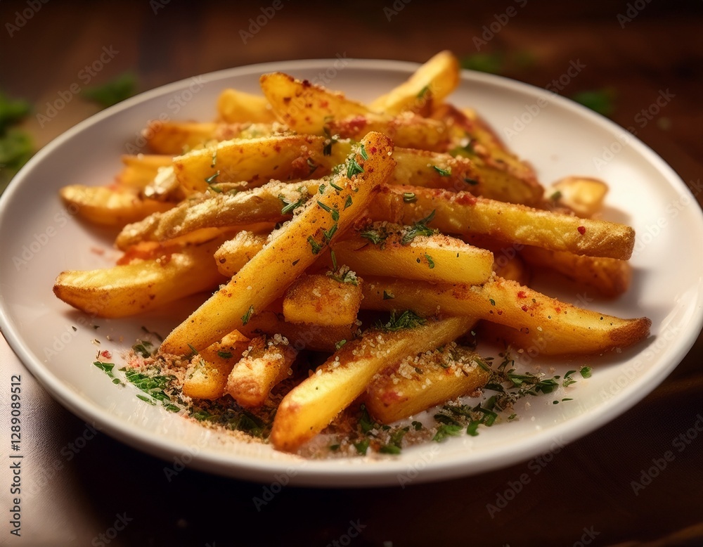 Fotografía de estudio profesional de una elegante plato blanco que contiene patatas fritas crujientes, cuidadosamente sazonadas con deliciosas especias. Las patatas fritas son doradas y crujientes Fotografía de estudio profesional de una elegante plato blanco que contiene patatas fritas crujientes, cuidadosamente sazonadas con deliciosas especias. Las patatas fritas son doradas y crujientes