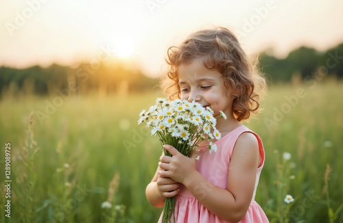 Fototapeta Naklejka Na Ścianę i Meble -  Portrait of cute curly child girl holding bouquet chamomile flowers smelling in summer on a green natural meadow background. Happy little girl enjoys flower scent.