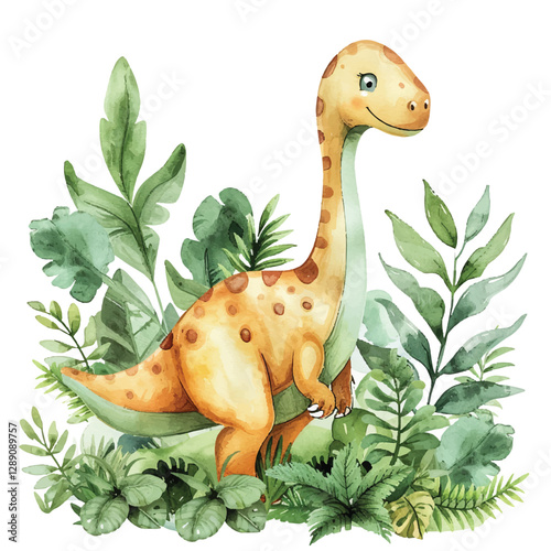 A friendly dinosaur in a lush jungle cartoon style watercolor