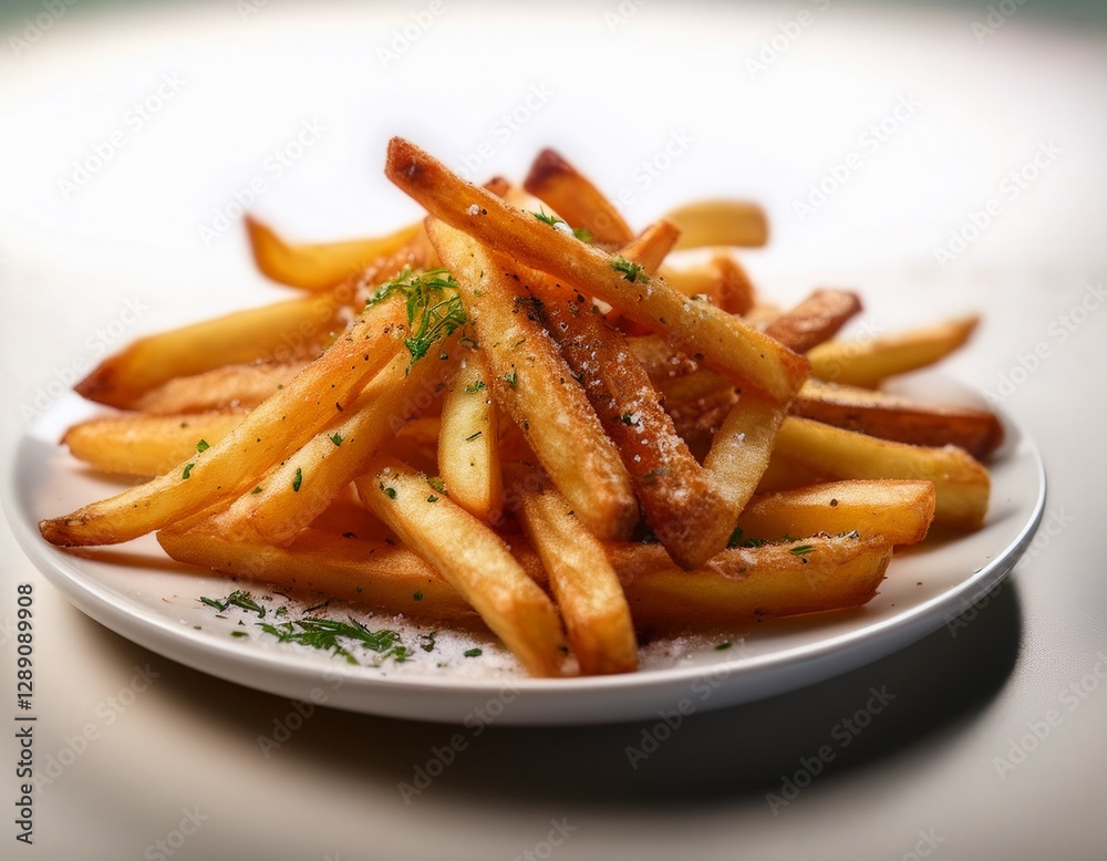 Fotografía de estudio profesional de una elegante plato blanco que contiene patatas fritas crujientes, cuidadosamente sazonadas con deliciosas especias. Las patatas fritas son doradas y crujientes Fotografía de estudio profesional de una elegante plato blanco que contiene patatas fritas crujientes, cuidadosamente sazonadas con deliciosas especias. Las patatas fritas son doradas y crujientes