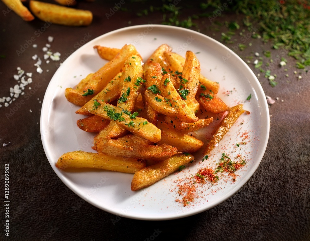 Fotografía de estudio profesional de una elegante plato blanco que contiene patatas fritas crujientes, cuidadosamente sazonadas con deliciosas especias. Las patatas fritas son doradas y crujientes Fotografía de estudio profesional de una elegante plato blanco que contiene patatas fritas crujientes, cuidadosamente sazonadas con deliciosas especias. Las patatas fritas son doradas y crujientes