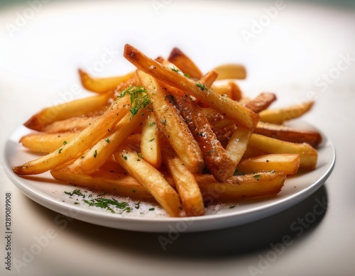 Fotografía de estudio profesional de una elegante plato blanco que contiene patatas fritas crujientes, cuidadosamente sazonadas con deliciosas especias. Las patatas fritas son doradas y crujientes