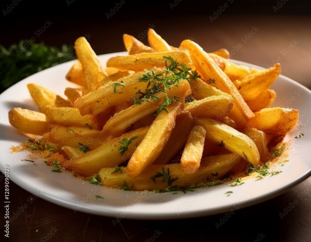 Fotografía de estudio profesional de una elegante plato blanco que contiene patatas fritas crujientes, cuidadosamente sazonadas con deliciosas especias. Las patatas fritas son doradas y crujientes Fotografía de estudio profesional de una elegante plato blanco que contiene patatas fritas crujientes, cuidadosamente sazonadas con deliciosas especias. Las patatas fritas son doradas y crujientes
