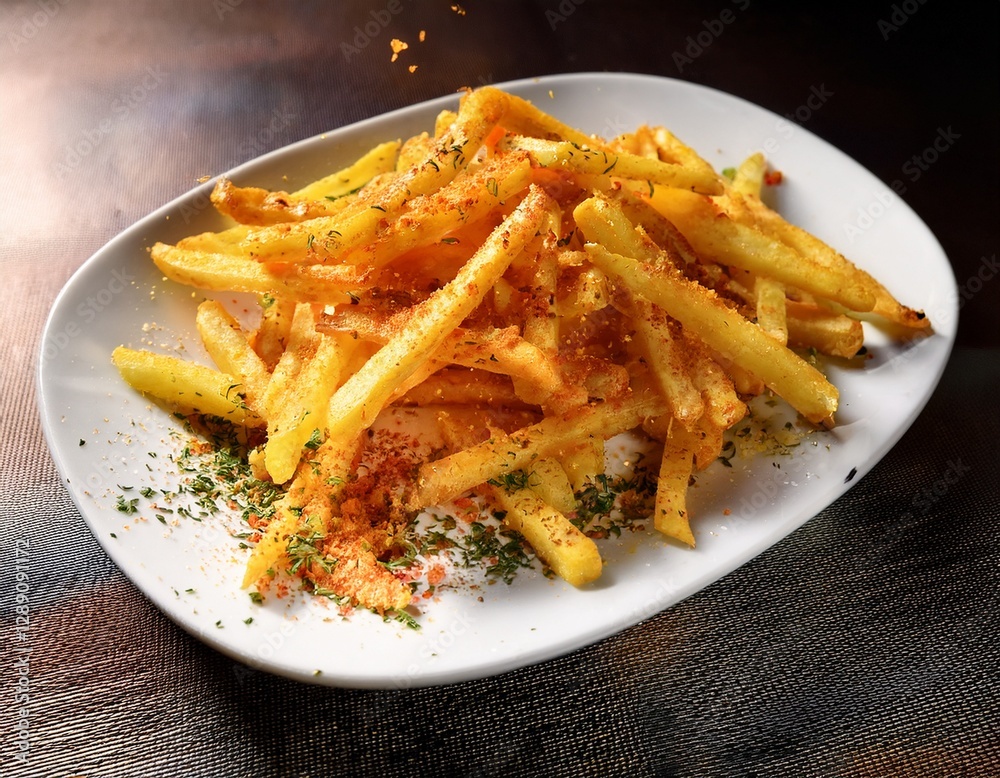 Fotografía de estudio profesional de una elegante plato blanco que contiene patatas fritas crujientes, cuidadosamente sazonadas con deliciosas especias. Las patatas fritas son doradas y crujientes Fotografía de estudio profesional de una elegante plato blanco que contiene patatas fritas crujientes, cuidadosamente sazonadas con deliciosas especias. Las patatas fritas son doradas y crujientes
