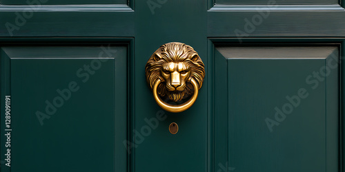 Elegant entrance: close-up of a dark green door with a striking gold lion head door knocker, adding a touch of sophistication to the home's facade.